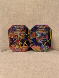Pokemon TCG Mega Charizard X + Y ex Sealed Tin Bundle Lot Set Of 2 In Hand - Image 1
