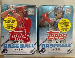 Lot of (2) 2021 Topps Baseball Series 1 Sealed Tins (75 Cards) Trout/Baez - Image 1