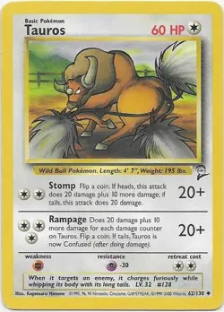 Tauros 62/130 Uncommon Base Set 2 Pokemon Near Mint - Image 1