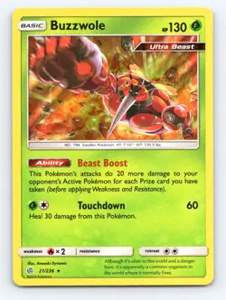 Buzzwole 21/236 Holo Rare Cosmic Eclipse Pokemon Lightly Played - Image 1