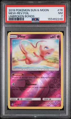 2019 POKEMON SUN & MOON UNBROKEN BONDS #76 MEW-REVERSE FOIL PSA 7 - Image 1
