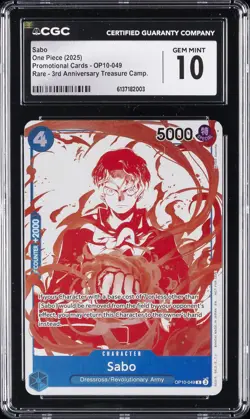 2025 ONE PIECE PROMO CARDS - RARE - 3RD ANNIV TREASURE CAMP SABO CGC 10 GEM MINT - Image 1