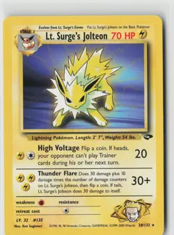 LT. SURGE'S JOLTEON 28/132 RARE GYM CHALLENGE POKEMON UNLIMITED LP - Image 1