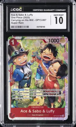 2025 ONE PIECE #OP13-007 ACE & SABO & LUFFY CGC 10 GEM MINT - Image 1