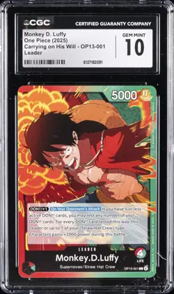 2025 ONE PIECE CARRYING ON HIS WILL - LEADER MONKEY D. LUFFY CGC 10 GEM MINT - Image 1