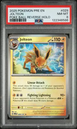 2025 POKEMON PRE EN-PRISMATIC EVOLUTIONS POKE BALL REVERSE HOLO JOLTEON PSA 8 - Image 1