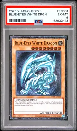 2025 Yu-Gi-Oh TCG Blue-Eyes White Dragon OP28-EN001 Ultimate Rare PSA 6 - Image 1