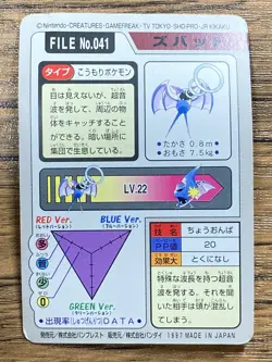 Pokemon Carddass Card Zubat File No.41 Bandai Pocket Monsters 1997 Japan - Image 2
