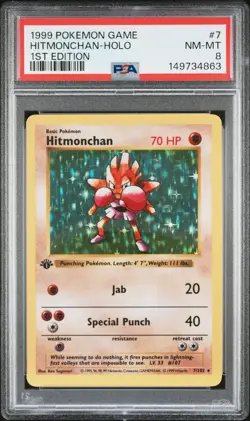 1999 POKEMON BASE SET 1ST EDITION #7 HITMONCHAN-HOLO PSA 8 - Image 1