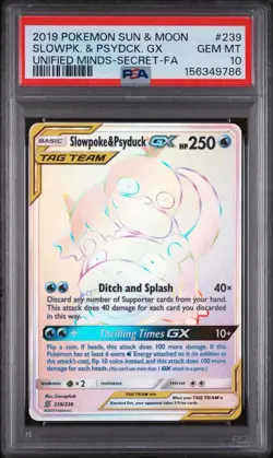 2019 POKEMON SUN & MOON UNIFIED MINDS #239 FULL ART/SLOWPOKE & PSYDUCK GX PSA 10 - Image 1