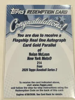 2026 Topps Series 2 Nolan McLean #214 Flagship Real One Auto Gold Redemption /50 - Image 1