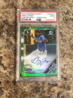 GREG JONES 2019 Bowman Draft Chrome 1st Green Refractor AUTO #11/99 PSA 9 RC MIL - Image 1