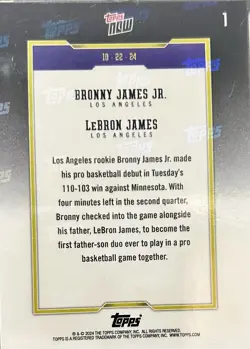 Topps Now 2024 #1 Father/Son Debut Rookie Bronny James Jr LeBron Lakers - Image 2