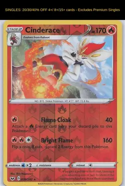 Cinderace 036/202 R Sword & Shield Pokemon Reverse Holo NM/M - Image 1