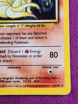 Pokemon TCG Base Set Vintage Holo Unlimited Rare Card 12/102 Ninetails MP 1999 - Image 3