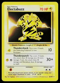 Pokemon Card Base Set Electabuzz 20/102 Rare 1999-2000 4th Print UK Exclusive - Image 1