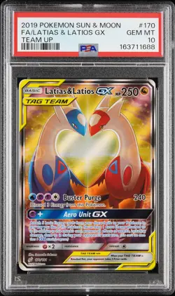 2019 POKEMON SUN & MOON TEAM UP #170 FULL ART/LATIAS & LATIOS GX PSA 10 - Image 1