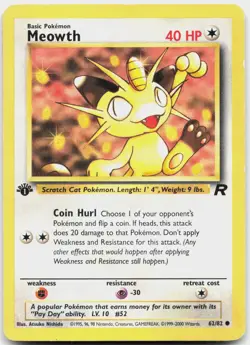 Meowth 62/82 Common Team Rocket Pokemon 1st Edition Moderately Played - Image 1