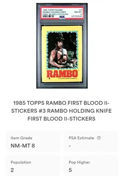 1985 Topps Rambo II #3 Holding Knife PSA 8 Sticker First Blood Stallone - Image 3