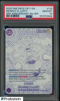 2025 One Piece OP11 EN 3rd Anniversary Silver #119 Monkey D Luffy PSA 10 - Image 1