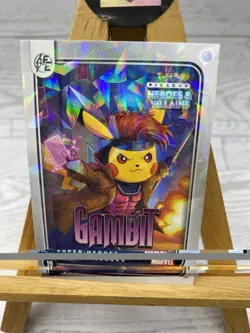 Pikachu as Cosplay Gambit Heroes & Villains Fan Art Cracked Ice Holo Card - Image 2