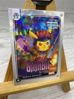 Pikachu as Cosplay Gambit Heroes & Villains Fan Art Cracked Ice Holo Card - Image 3