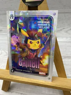 Pikachu as Cosplay Gambit Heroes & Villains Fan Art Cracked Ice Holo Card - Image 4