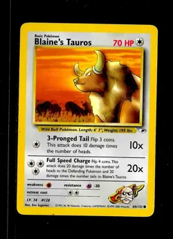 Pokemon Card- Blaine's Tauros- # 64/132- 70HP- LV.34- Basic- 2000- NM - Image 1