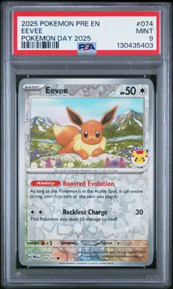 2025 POKEMON PRE EN-PRISMATIC EVOLUTIONS POKEMON DAY 2025 #074 EEVEE PSA 9 - Image 1
