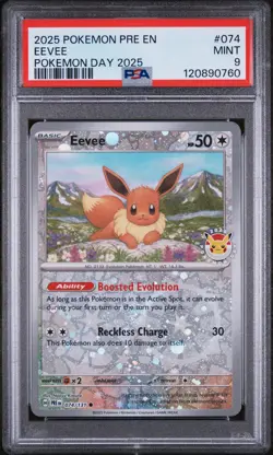 2025 POKEMON PRE EN-PRISMATIC EVOLUTIONS POKEMON DAY 2025 #074 EEVEE PSA 9 - Image 1