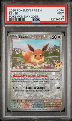 2025 POKEMON PRE EN-PRISMATIC EVOLUTIONS POKEMON DAY 2025 #074 EEVEE PSA 9 - Image 1