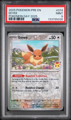 2025 POKEMON PRE EN-PRISMATIC EVOLUTIONS POKEMON DAY 2025 #074 EEVEE PSA 9 - Image 1