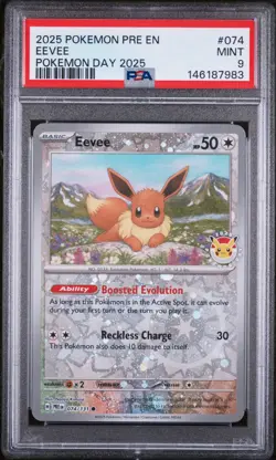 2025 POKEMON PRE EN-PRISMATIC EVOLUTIONS POKEMON DAY 2025 #074 EEVEE PSA 9 - Image 1