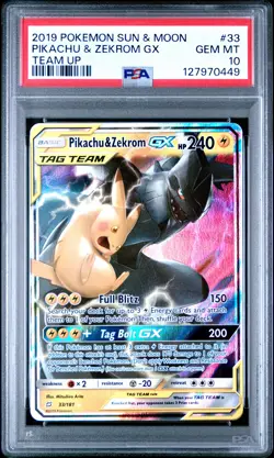 2019 POKEMON SUN & MOON TEAM UP #33 PIKACHU & ZEKROM GX PSA 10 - Image 1
