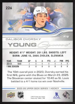 2025-26 Upper Deck Young Guns Rookie #226 Dalibor Dvorsky St. Louis Blues - Image 2