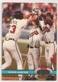 1991 David Justice Topps Stadium Club World Series Braves Baseball Card #97 - Image 1