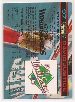 1991 David Justice Topps Stadium Club World Series Braves Baseball Card #97 - Image 2