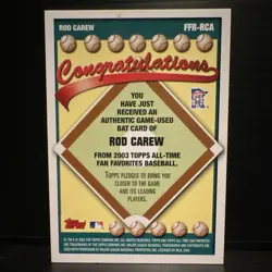 Topps 2003 All-Time Fan Favorites Rod Carew #FFR-RCA Twins Relics Bat - Image 2