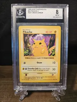 BGS 8 - 1999 Red Cheeks Shadowless Pikachu 58/102 Base Set Pokemon WOTC Error - Image 1
