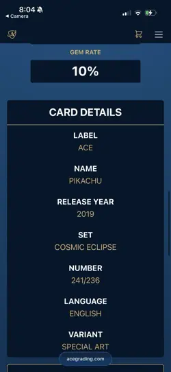 Pikachu 241/236 Cosmic Eclipse ACE 10 GEM MINT Graded Pokemon TCG Card - Image 4