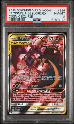 2019 POKEMON SUN & MOON COSMIC ECLIPSE FULL ART/NAGANADEL & GUZZLORD GX PSA 8 - Image 1