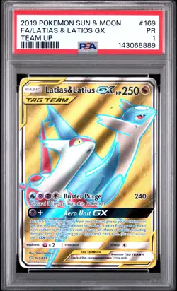 2019 POKEMON SUN & MOON TEAM UP #169 FULL ART/LATIAS & LATIOS GX PSA 1 - Image 1