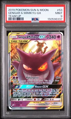 2019 POKEMON SUN & MOON TEAM UP #53 GENGAR & MIMIKYU GX PSA 9 - Image 1