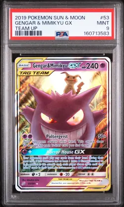 2019 POKEMON SUN & MOON TEAM UP #53 GENGAR & MIMIKYU GX PSA 9 - Image 1