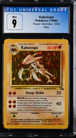 1999 Pokemon Kabutops 9/62 Fossil Unlimited Holo CGC 9 Mint - Image 1