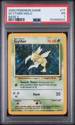 SWIRL PSA 1 2000 Base Set II 2 Scyther 17/130 Holo Foil Rare Pokemon Vintage - Image 1