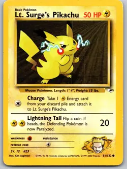 Lt. Surge's Pikachu 81/132 Common Gym Heroes Pokemon Unlimited Moderately Played - Image 1