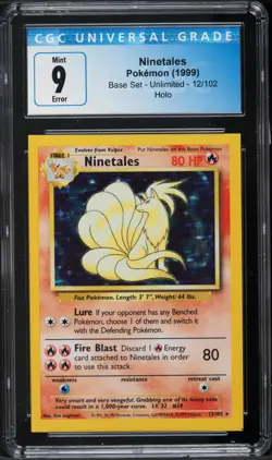 1999 Pokemon Base Set Ninetales #12 Holo Rare ERROR SQUARE CUT CGC 9 MINT - Image 1