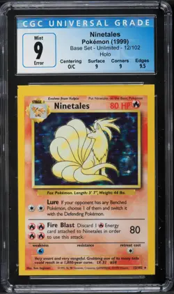 1999 Pokemon Base Set Ninetales #12 Holo Rare ERROR SQUARE CUT O/C CGC 9 MINT - Image 1
