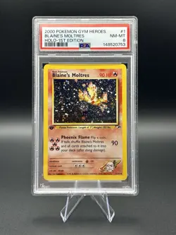 PSA 8 Blaine's Moltres 1st Edition Swirl 1/132 Gym Heroes Pokemon Card - Image 1